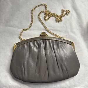 Elegant Gray Leather Clutch with Gold Chain